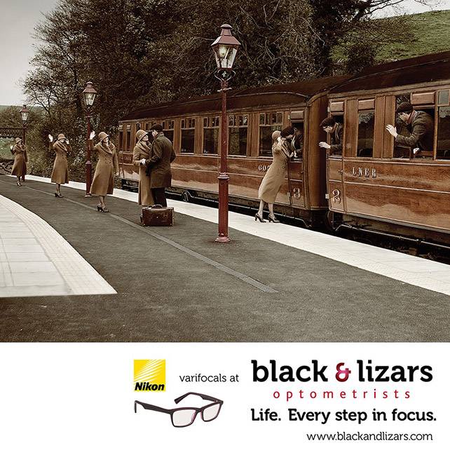 Black and Lizars advert showing a woman saying goodbye to a man on a train platform