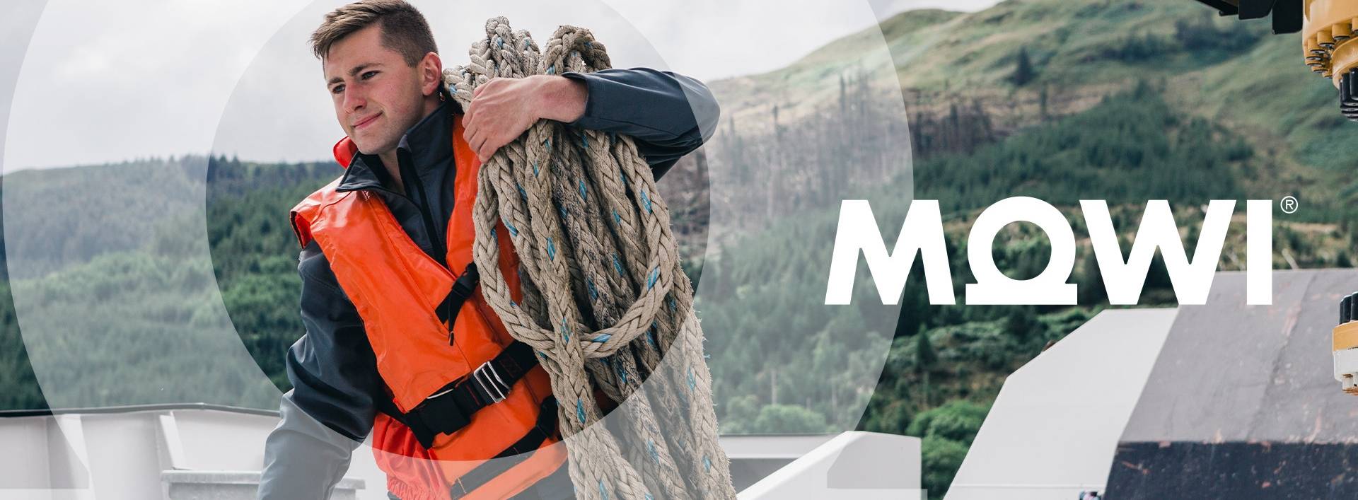 Mowi poster with a man wearing a lifejacket holding some rope
